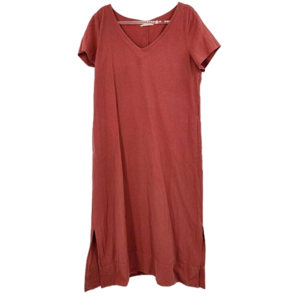 Soft Surroundings V Neck Midi Dress Womens Size Large Short Sleeve Rust Pockets